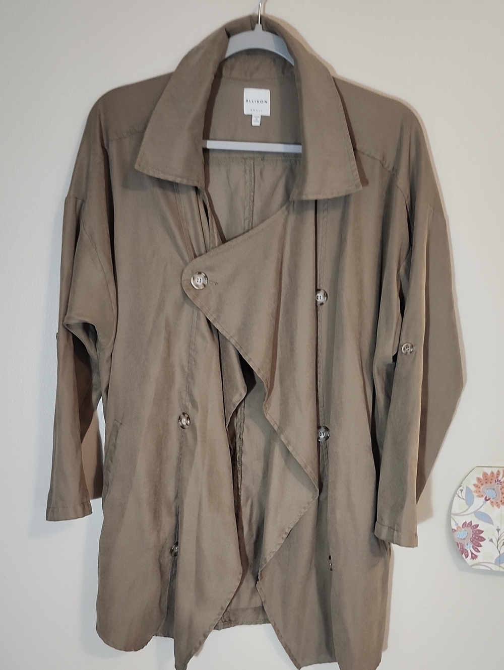 Ellison Taupe Asymmetrical Trench Coat Small